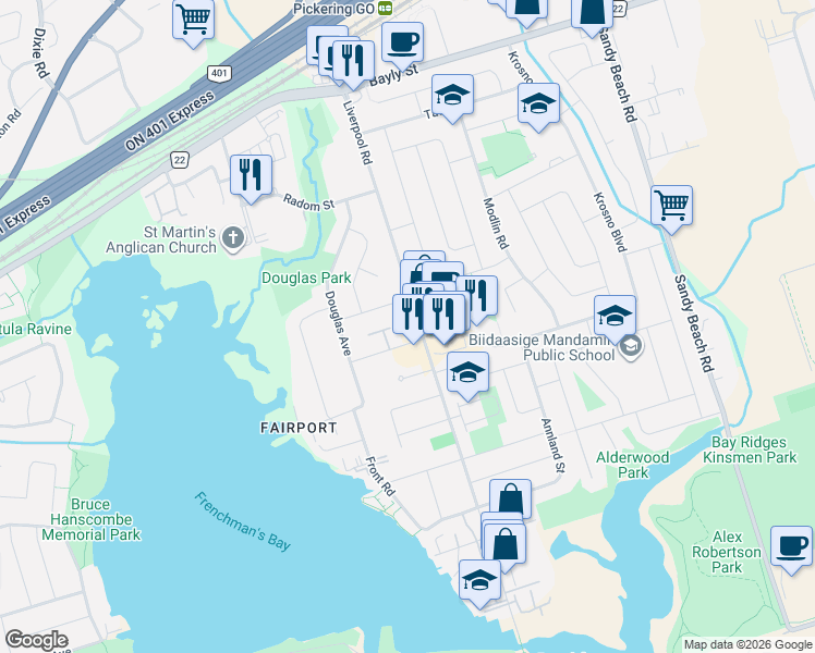 map of restaurants, bars, coffee shops, grocery stores, and more near 780 Liverpool Road in Pickering