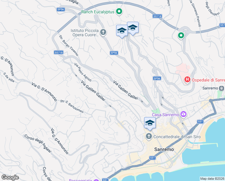 map of restaurants, bars, coffee shops, grocery stores, and more near 352 Via Martiri della Libertà in Sanremo