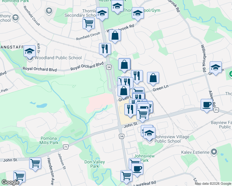 map of restaurants, bars, coffee shops, grocery stores, and more near 7805 Bayview Avenue in Markham
