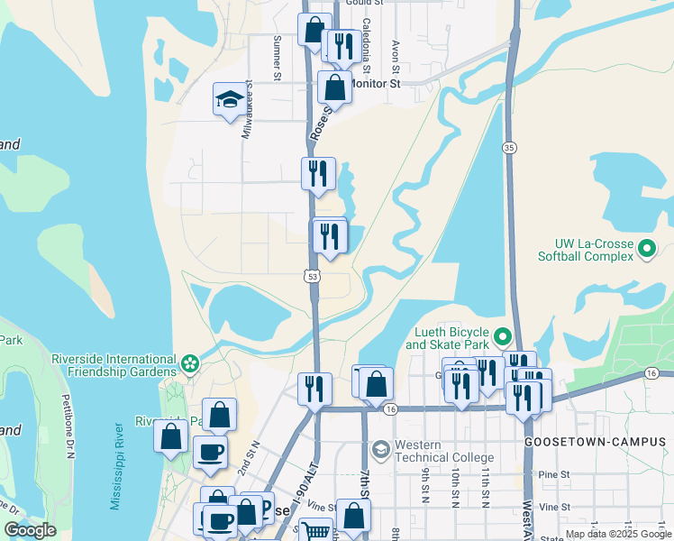 map of restaurants, bars, coffee shops, grocery stores, and more near 30 Copeland Avenue in La Crosse