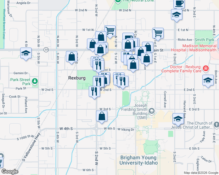 map of restaurants, bars, coffee shops, grocery stores, and more near 156 South 1st East in Rexburg