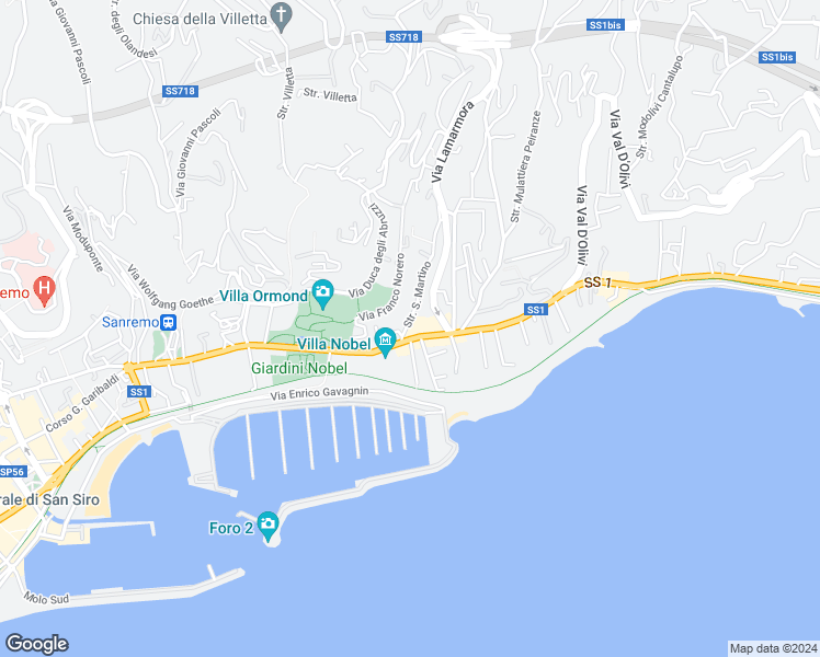 map of restaurants, bars, coffee shops, grocery stores, and more near 40 Via Alfonso Lamarmora in Sanremo