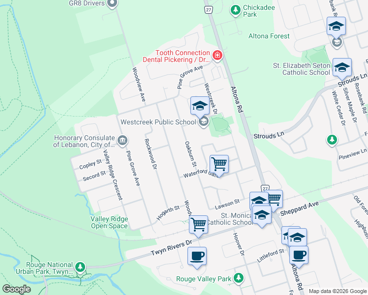 map of restaurants, bars, coffee shops, grocery stores, and more near 1566 Oakburn Street in Pickering