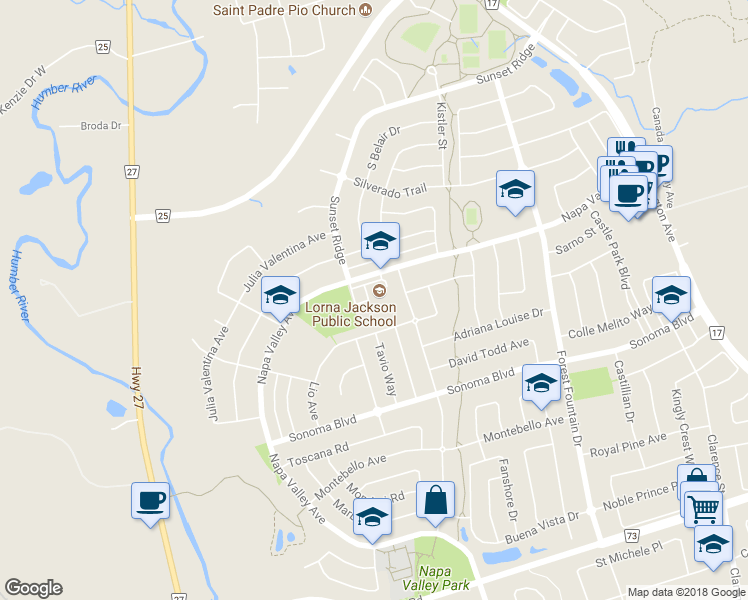 map of restaurants, bars, coffee shops, grocery stores, and more near 589 Napa Valley Avenue in Vaughan
