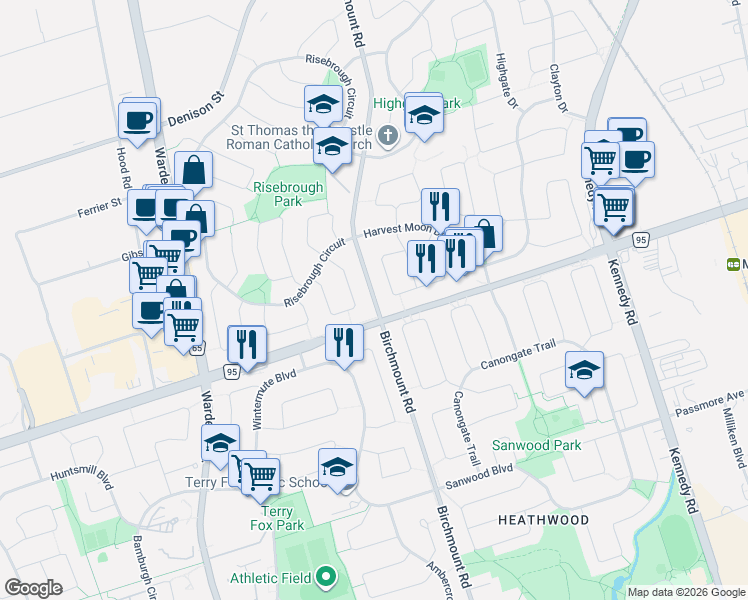 map of restaurants, bars, coffee shops, grocery stores, and more near 8081 Birchmount Road in Markham