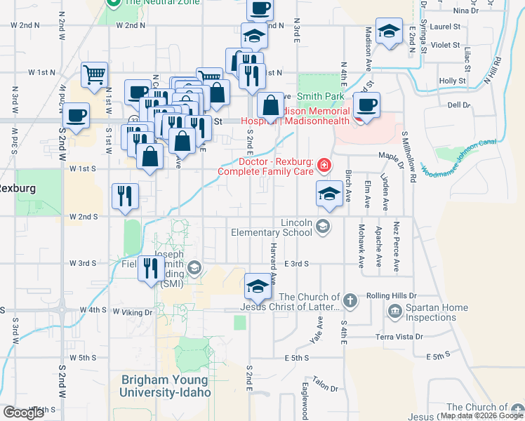 map of restaurants, bars, coffee shops, grocery stores, and more near 156 Harvard Avenue in Rexburg