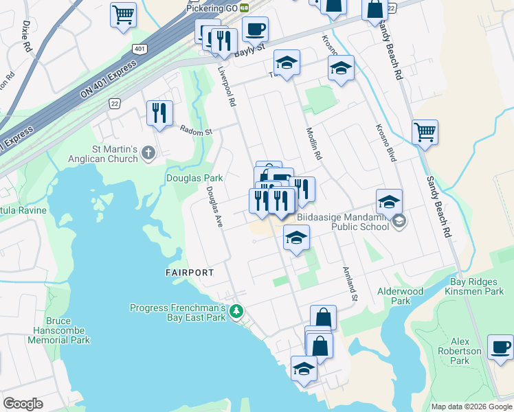 map of restaurants, bars, coffee shops, grocery stores, and more near 782 Liverpool Road in Pickering