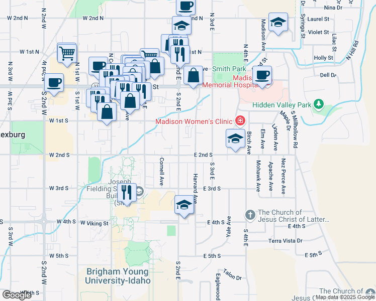 map of restaurants, bars, coffee shops, grocery stores, and more near 219 East 2nd South in Rexburg