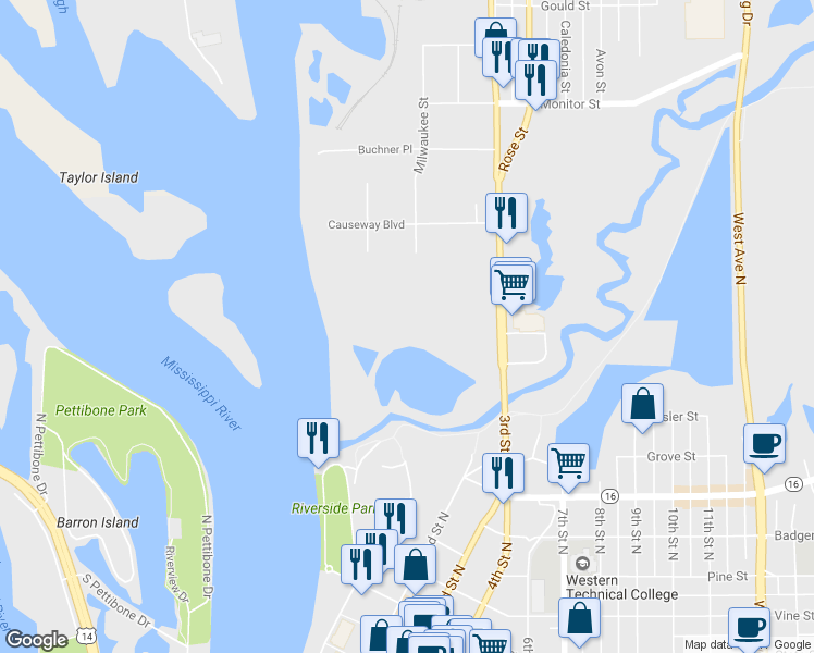 map of restaurants, bars, coffee shops, grocery stores, and more near 25 Copeland Avenue in La Crosse