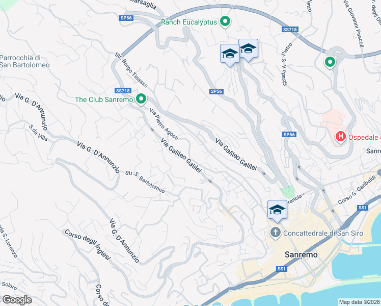 map of restaurants, bars, coffee shops, grocery stores, and more near 258-260 Via Pietro Agosti in Sanremo