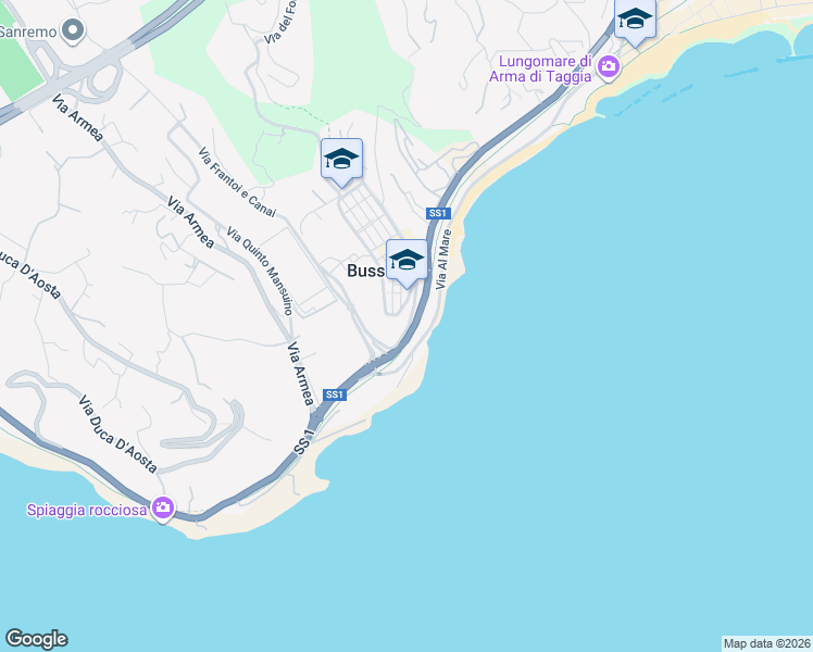 map of restaurants, bars, coffee shops, grocery stores, and more near 35 Via Vittorio Veneto in Sanremo