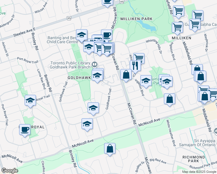 map of restaurants, bars, coffee shops, grocery stores, and more near 2 Goldhawk Trail in Toronto