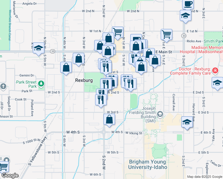 map of restaurants, bars, coffee shops, grocery stores, and more near 155 South 2nd Street West in Rexburg