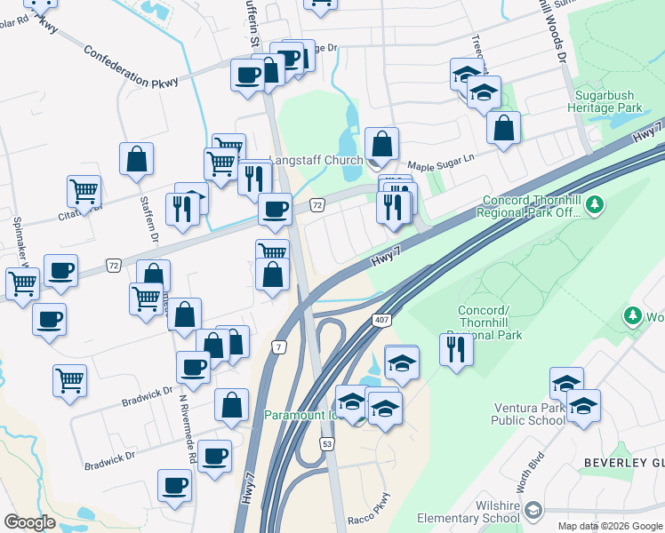 map of restaurants, bars, coffee shops, grocery stores, and more near 60 Yellowood Circle in Vaughan