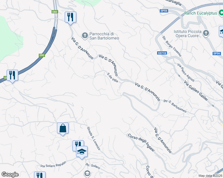 map of restaurants, bars, coffee shops, grocery stores, and more near 17 Via Giacomo Leopardi in Sanremo