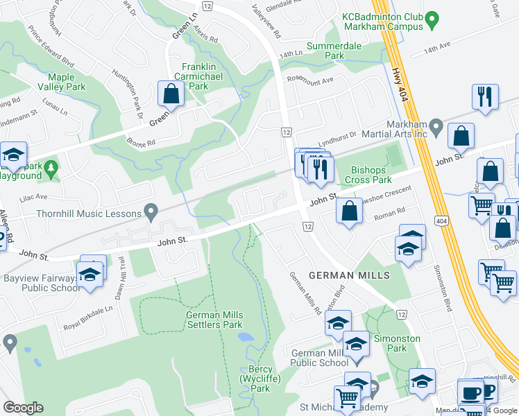 map of restaurants, bars, coffee shops, grocery stores, and more near 80 Wetherby Circle in Markham