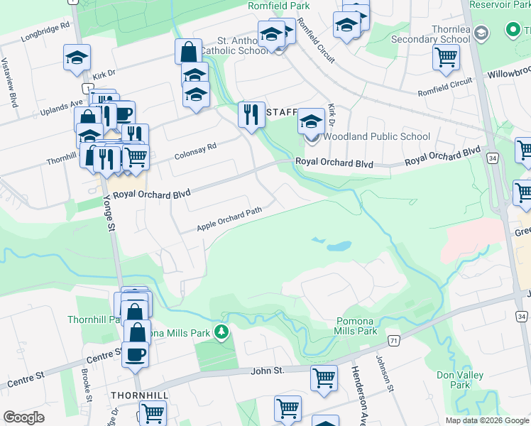map of restaurants, bars, coffee shops, grocery stores, and more near 49 Apple Orchard Path in Markham