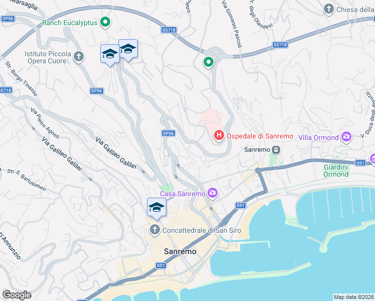 map of restaurants, bars, coffee shops, grocery stores, and more near 36 Via Antonio Canepa in Sanremo
