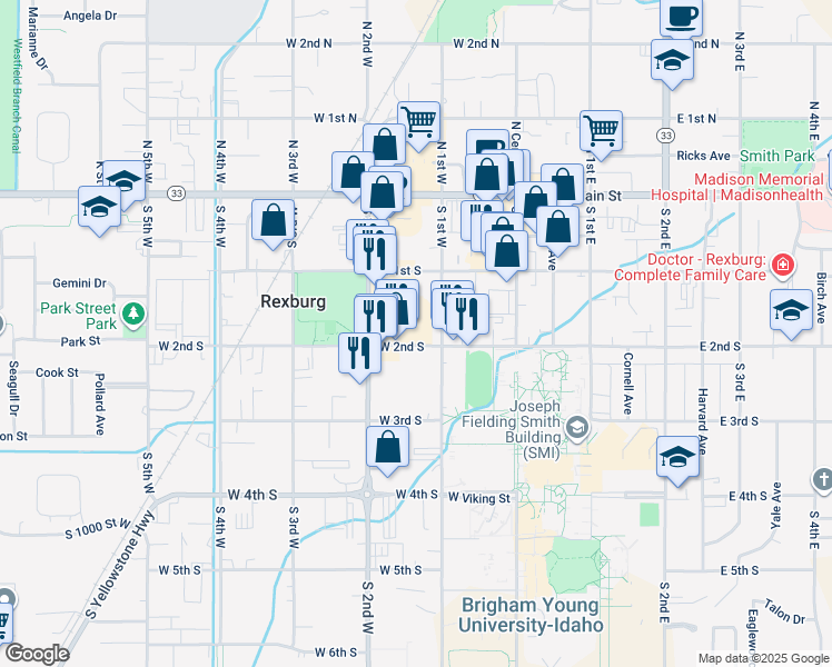 map of restaurants, bars, coffee shops, grocery stores, and more near 140 West 2nd South in Rexburg