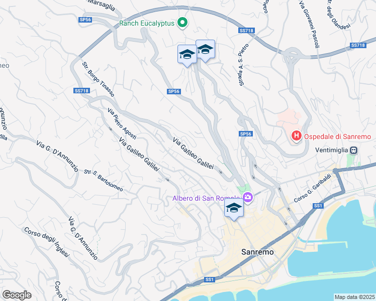 map of restaurants, bars, coffee shops, grocery stores, and more near 661 Via Galileo Galilei in Sanremo