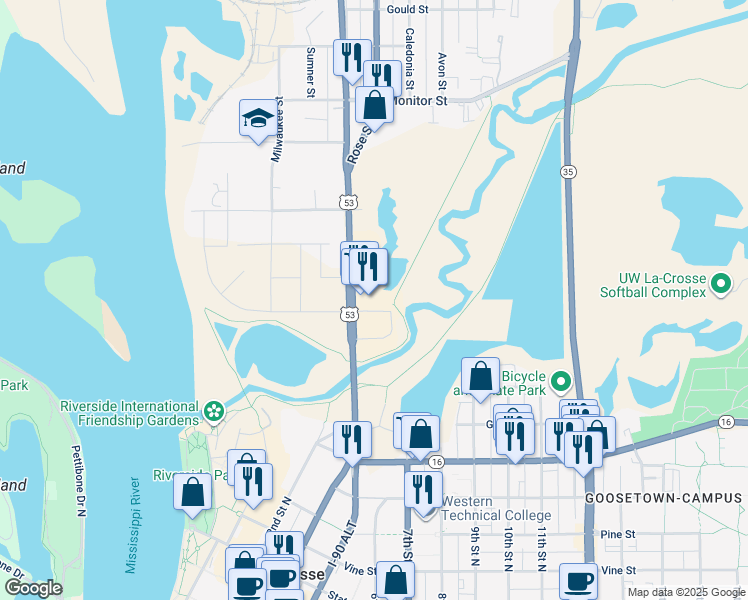 map of restaurants, bars, coffee shops, grocery stores, and more near 30 Copeland Ave in La Crosse