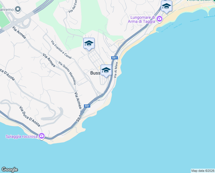 map of restaurants, bars, coffee shops, grocery stores, and more near 35 Via Vittorio Veneto in Sanremo