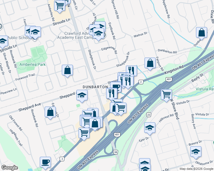 map of restaurants, bars, coffee shops, grocery stores, and more near 735 Sheppard Avenue in Pickering