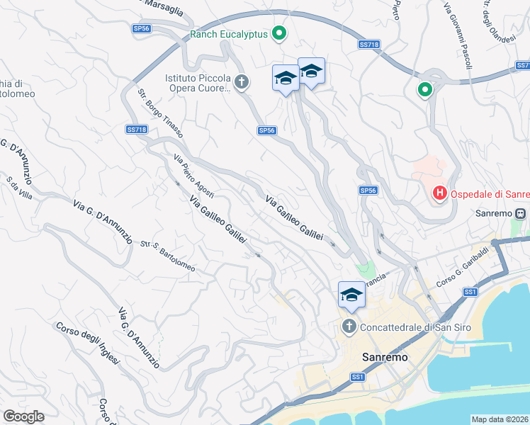 map of restaurants, bars, coffee shops, grocery stores, and more near 352 Via Martiri della Libertà in Sanremo