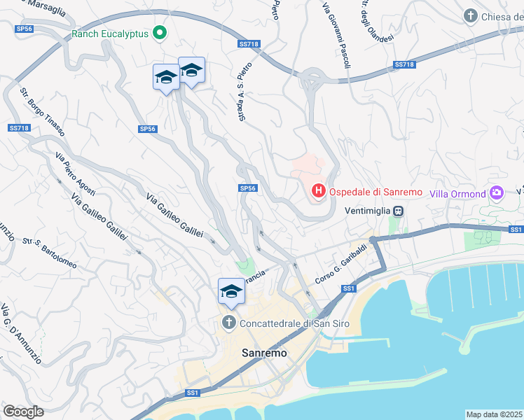 map of restaurants, bars, coffee shops, grocery stores, and more near 36 Via Antonio Canepa in Sanremo
