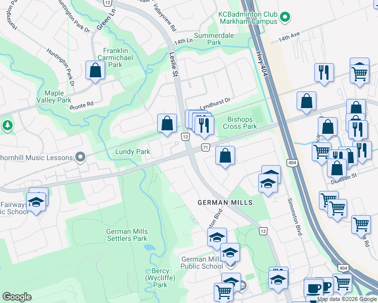 map of restaurants, bars, coffee shops, grocery stores, and more near John Street & Don Mills Road in Markham