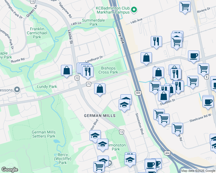 map of restaurants, bars, coffee shops, grocery stores, and more near 127 Snowshoe Crescent in Markham