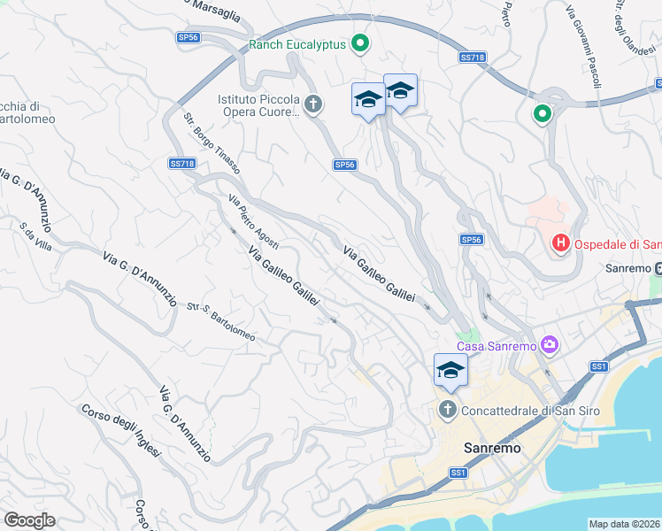map of restaurants, bars, coffee shops, grocery stores, and more near 352 Via Martiri della Libertà in Sanremo