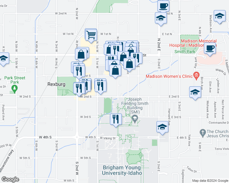 map of restaurants, bars, coffee shops, grocery stores, and more near 164 South Center Street in Rexburg