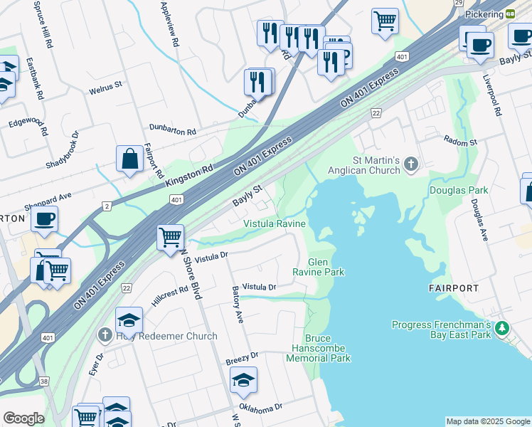 map of restaurants, bars, coffee shops, grocery stores, and more near 925 Bayly Street in Pickering