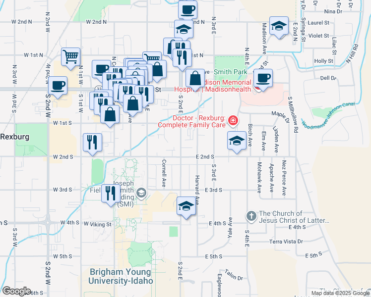map of restaurants, bars, coffee shops, grocery stores, and more near 155 South 2nd East in Rexburg