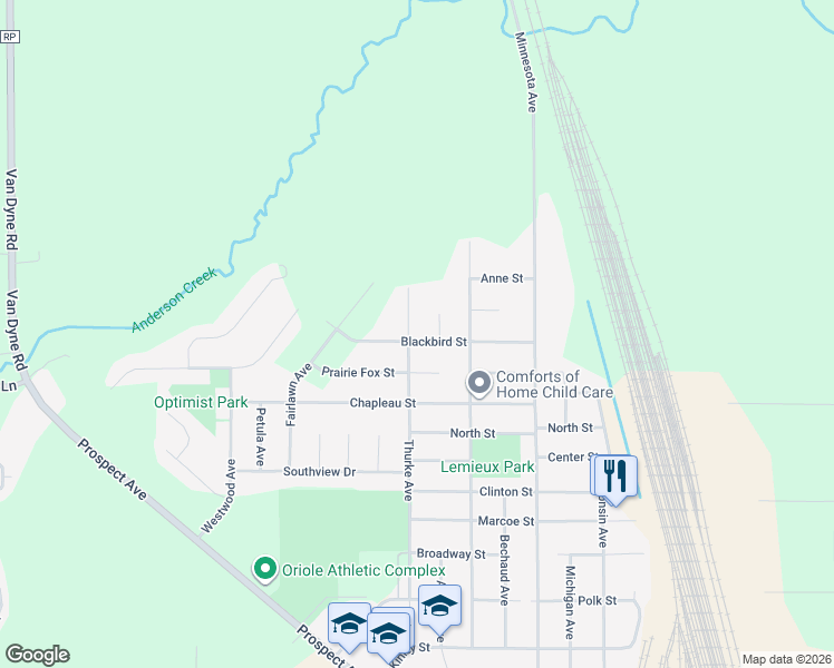 map of restaurants, bars, coffee shops, grocery stores, and more near 224 Blackbird Street in North Fond du Lac