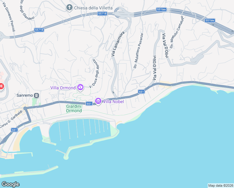 map of restaurants, bars, coffee shops, grocery stores, and more near 14-16 Via Alfonso Lamarmora in Sanremo