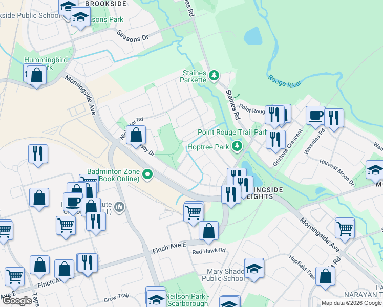 map of restaurants, bars, coffee shops, grocery stores, and more near 27 Bobolink Avenue in Toronto