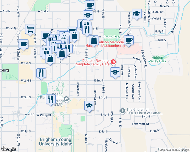 map of restaurants, bars, coffee shops, grocery stores, and more near 156 Harvard Avenue in Rexburg