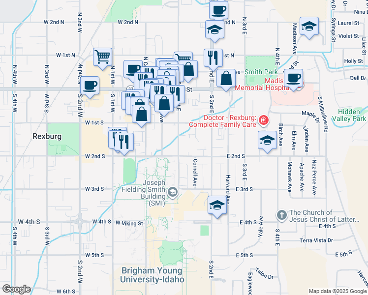 map of restaurants, bars, coffee shops, grocery stores, and more near 151 South 1st East in Rexburg