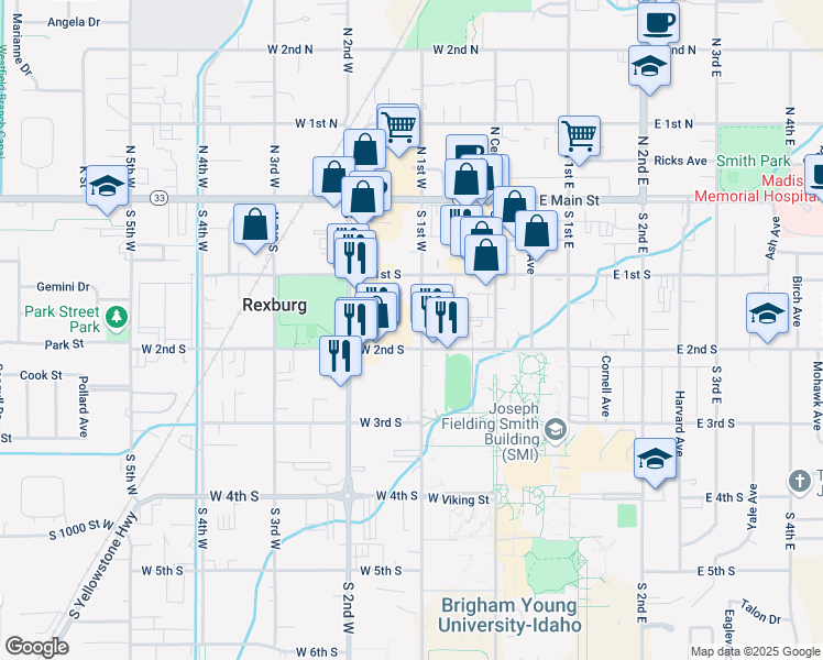 map of restaurants, bars, coffee shops, grocery stores, and more near 156 South 1st East in Rexburg