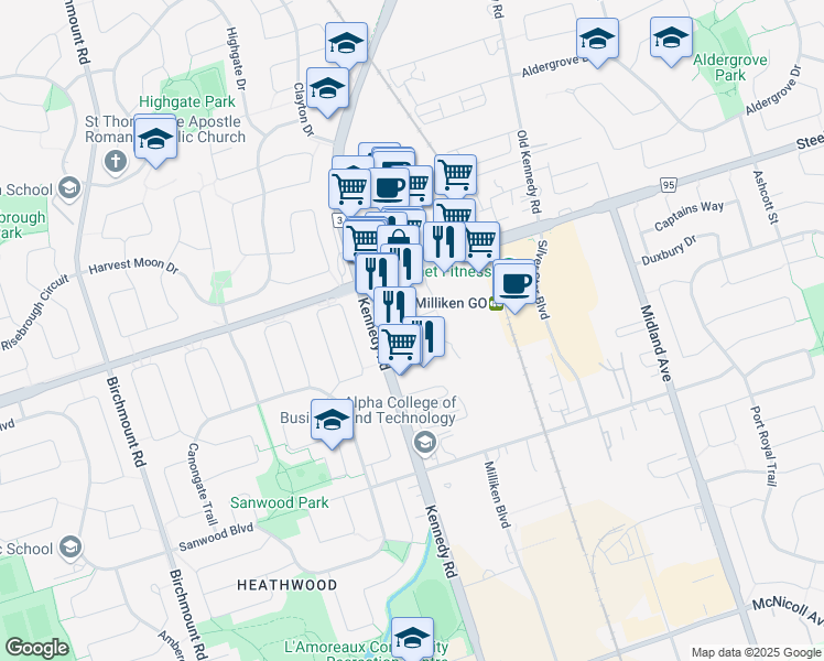 map of restaurants, bars, coffee shops, grocery stores, and more near 3497 Kennedy Road in Toronto