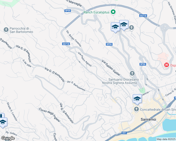 map of restaurants, bars, coffee shops, grocery stores, and more near 124 Via Galileo Galilei in Sanremo