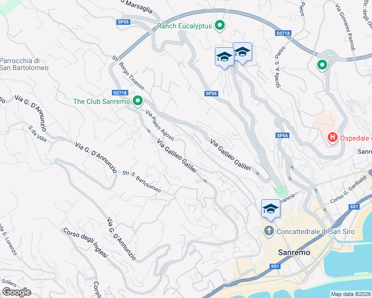 map of restaurants, bars, coffee shops, grocery stores, and more near 260 Via Pietro Agosti in Sanremo