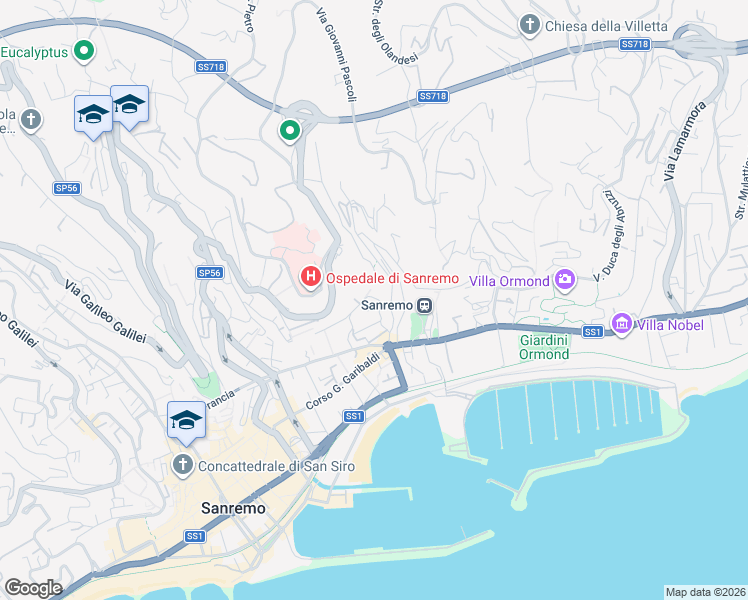 map of restaurants, bars, coffee shops, grocery stores, and more near 35 Via Val del Ponte in Sanremo