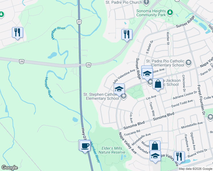 map of restaurants, bars, coffee shops, grocery stores, and more near in Vaughan