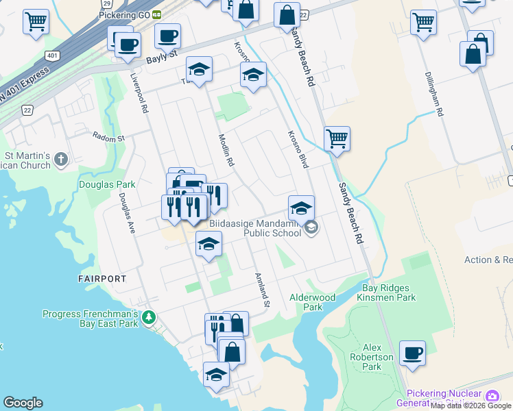 map of restaurants, bars, coffee shops, grocery stores, and more near in Pickering