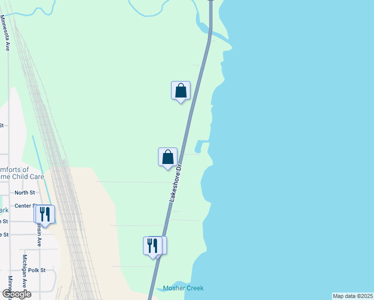 map of restaurants, bars, coffee shops, grocery stores, and more near N7751 Lakeshore Drive in Fond du Lac
