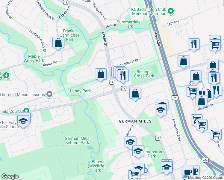 map of restaurants, bars, coffee shops, grocery stores, and more near 2200 John Street in Markham