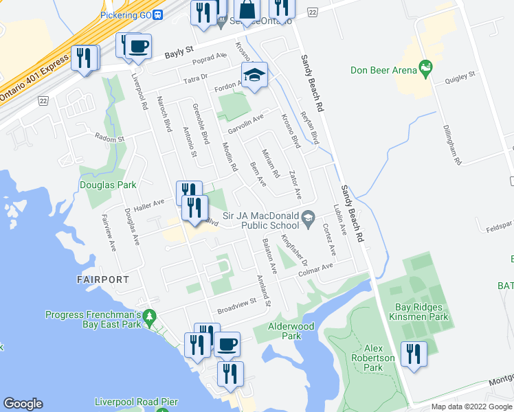 map of restaurants, bars, coffee shops, grocery stores, and more near 802 Modlin Road in Pickering
